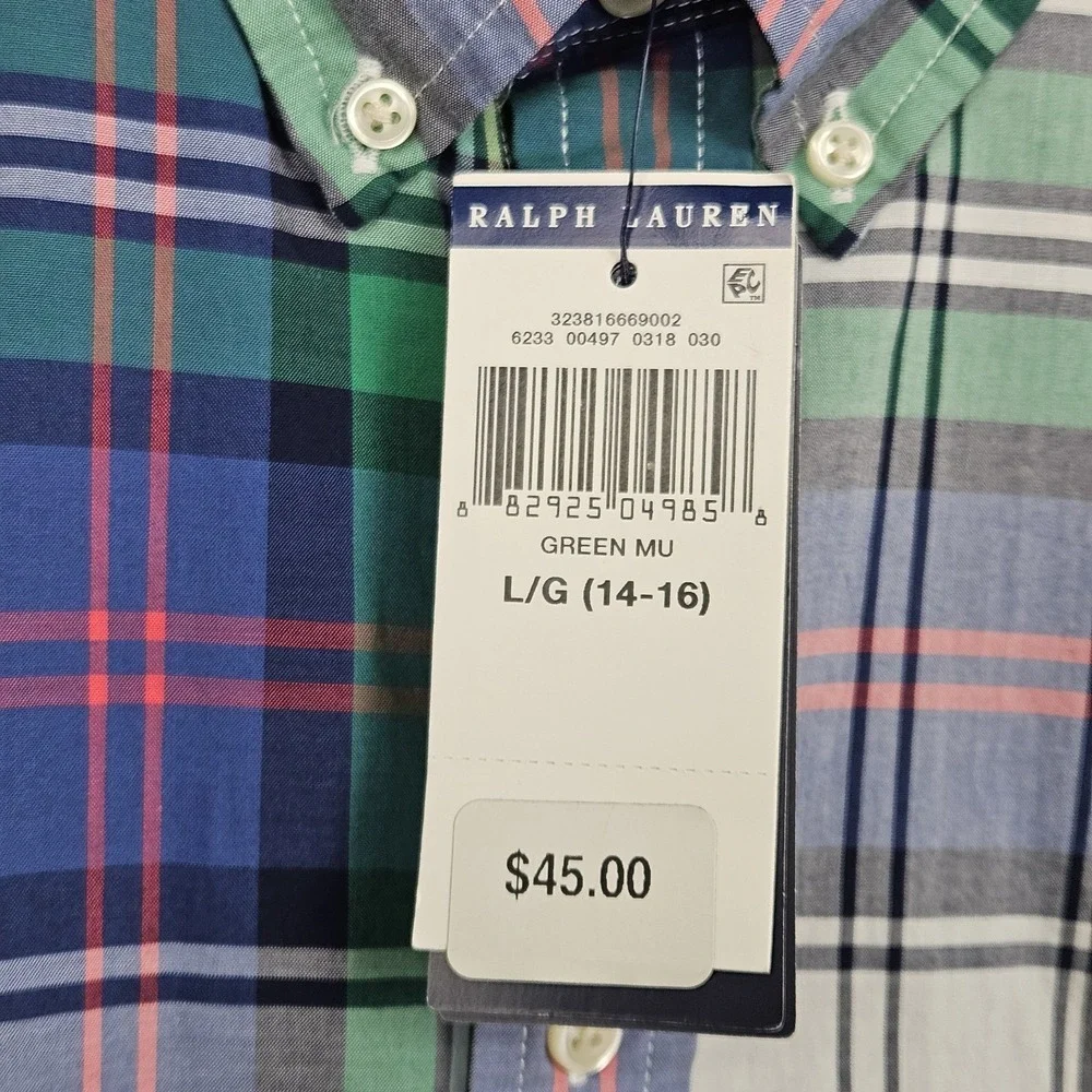 Ralph Lauren Dress Shirt Boys Size L 14/16 Long Sleeve Button Down Plaid NEW